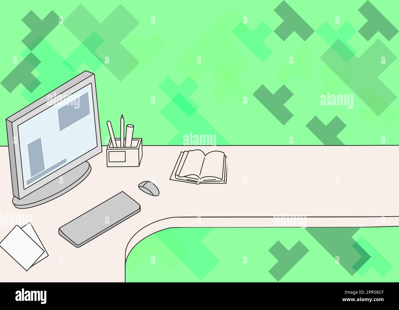 Office Desk Drawing With Computer Pen Holder And An Open Blank Notebook