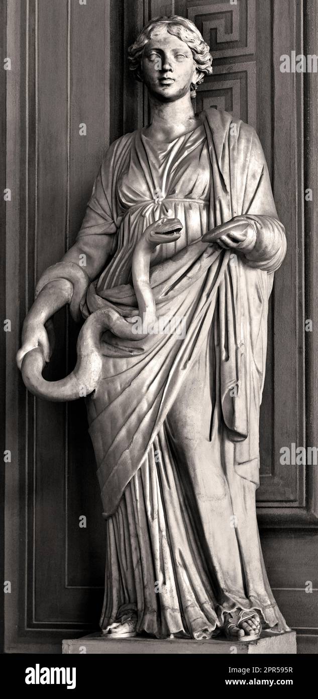 Hygiea Roman Statue in the Palatina Gallery - Galleria Palatina - Palazzo Pitti Renaissance, a palace in Florence, Italy. ( Hygieia ( Hygiea or Hygeia ) was one of the Aeclepiadae; the sons and daughters of the god of medicine, Asclepius, and the goddess of healing, Epione. She was the goddess -personification of health cleanliness and hygiene. Greek Roman mythology, ) Stock Photo