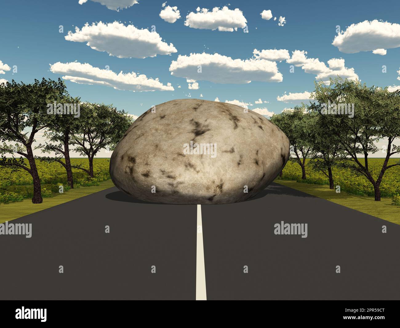 Rock blocks a road Stock Photo
