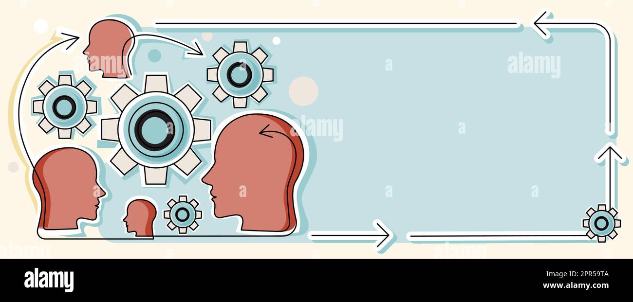 Multiple Heads With Cogs Showing Technology Ideas. Gears In Brain Symbols Design Displaying Mechanical And Technical Idea. Stock Vector