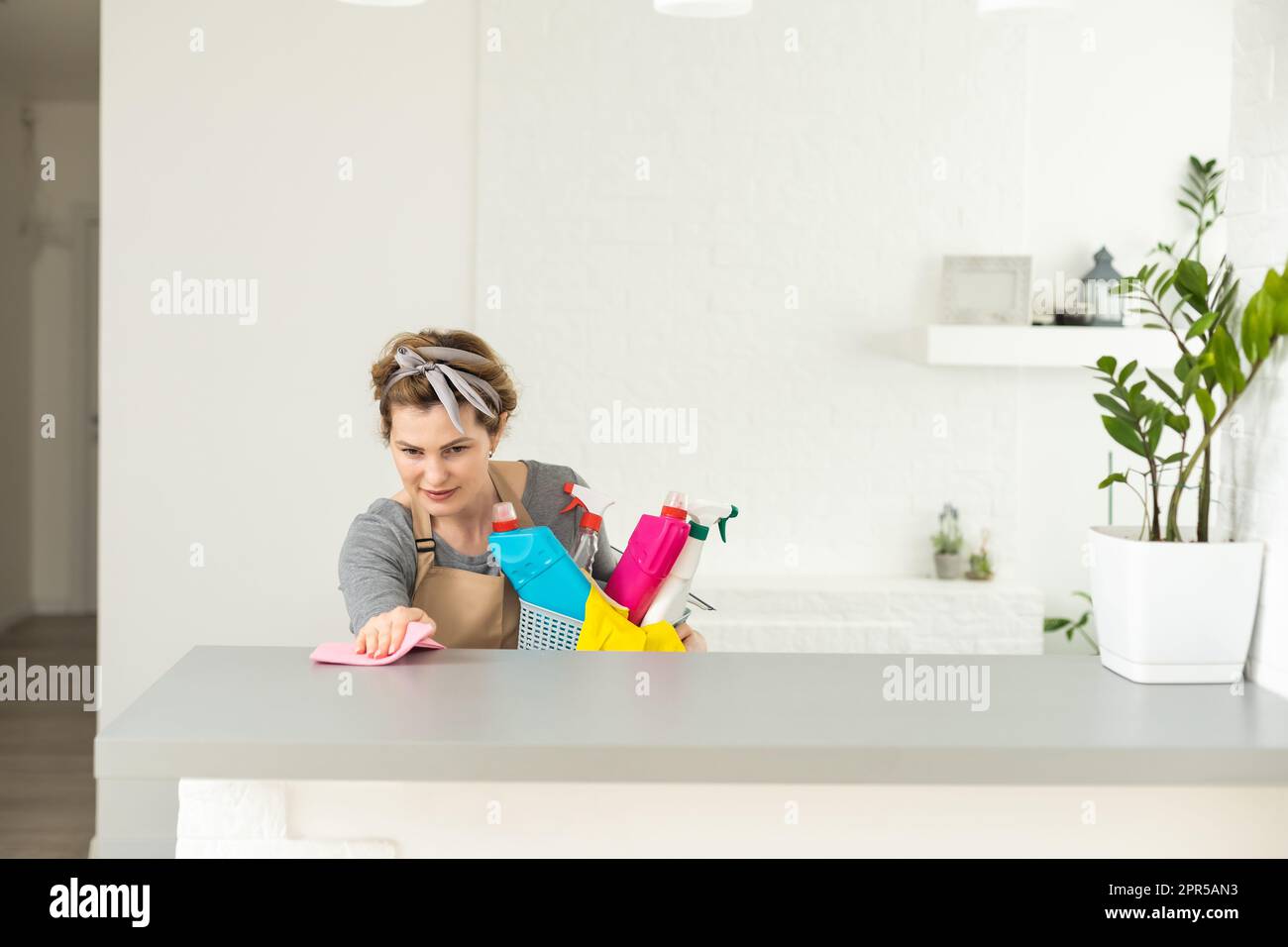Woman cleaning table using rag and diffuser at home Stock Photo - Alamy