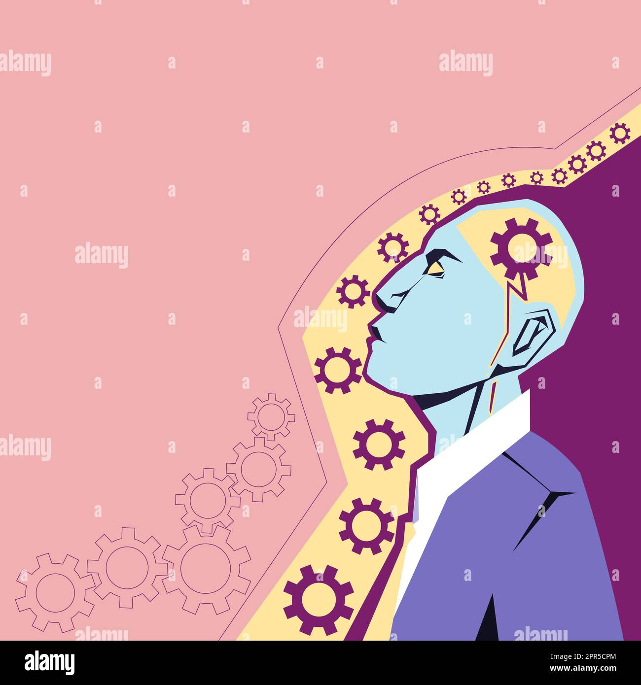 Creative Minds Combining Ideas Creating Innovative Strategies Displaying Teamwork. Heads With Cogwheels Representing Combined Effort Producing Advancement Plans. Stock Vector