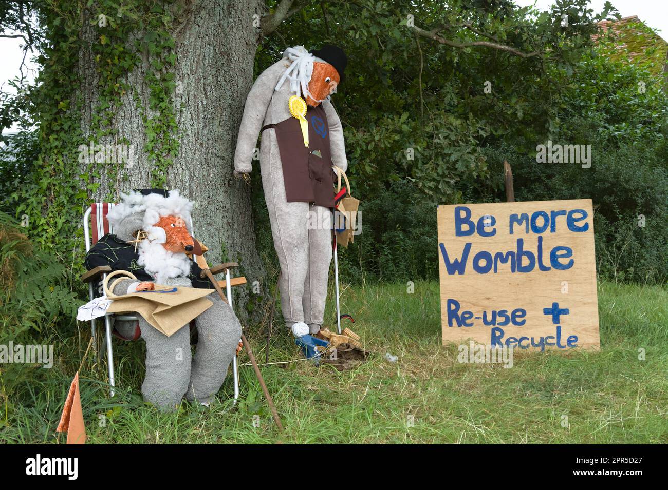 Scarecrows Dressed As The Wombles With A Recycling, Reuse Message, Part Of The Bisterne Annual Scarecrow Festival, Ringwood, England UK Stock Photo