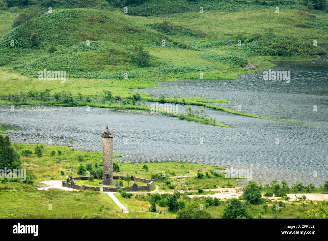 Aerial view of the Glenfinnan monument and Loch Shiel in North West Highlands, Scotland, UK Stock Photo