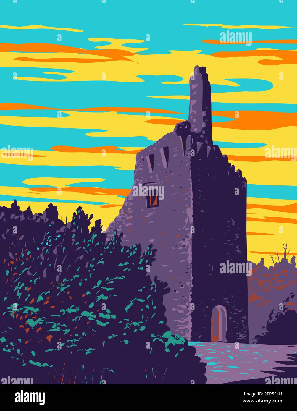 WPA poster art of Dromore Castle a tower house and National Monument in towns of Crusheen and Corofin in County Clare the Republic of Ireland done in Stock Photo