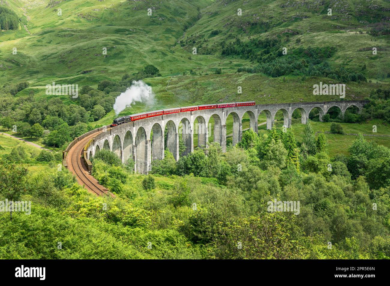 The Jacobite steam train on Glenfinnan viaduct in North West Highlands, Scotland, UK. The train