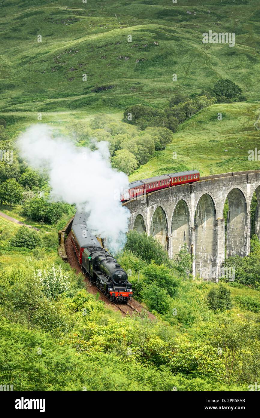 The Jacobite steam train on Glenfinnan viaduct in North West Highlands, Scotland, UK. The train