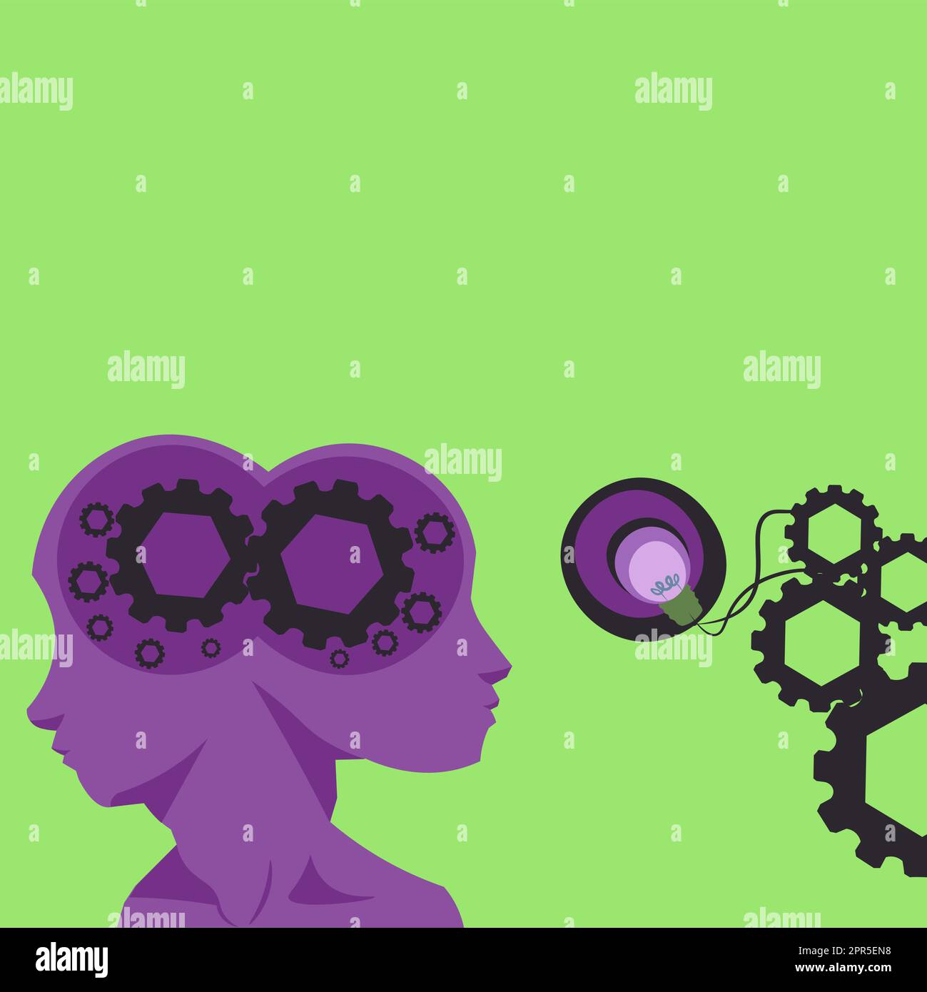 Two Heads With Cogs Showing Technology Ideas. Gears In Brain Symbols Design Displaying Mechanical And Technical Idea. Stock Vector