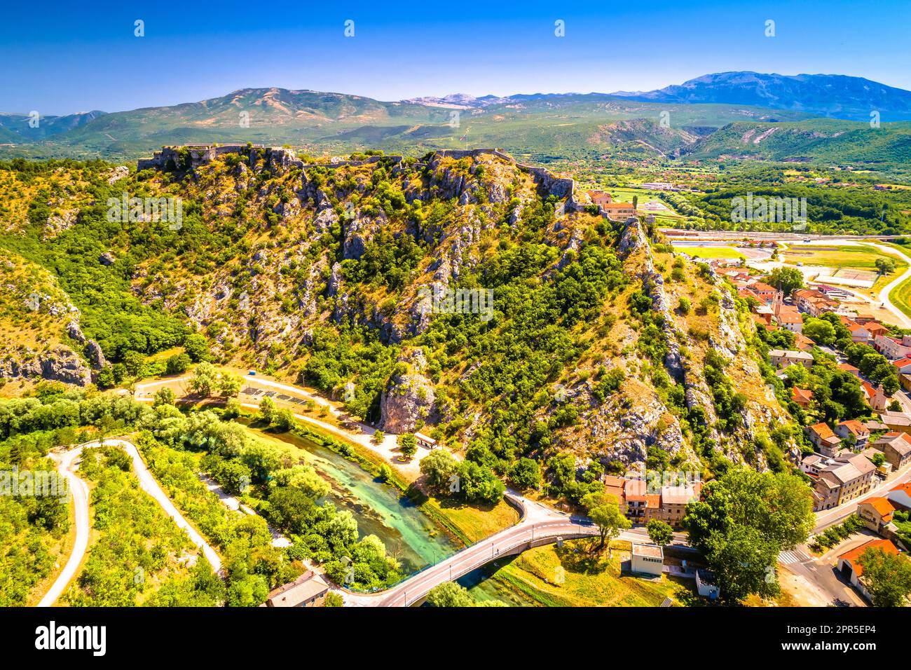 Knin fortress and Krka river aerial view, second largest fortress in Croatia Stock Photo