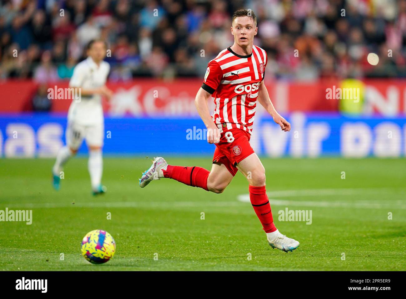 Viktor Tsygankov of Girona FC during the La Liga match between Girona FC and Real Madrid played at Montilivi Stadium on April 25, 2023 in Girona, Spain. (Photo by Sergio Ruiz / PRESSIN) Stock Photo