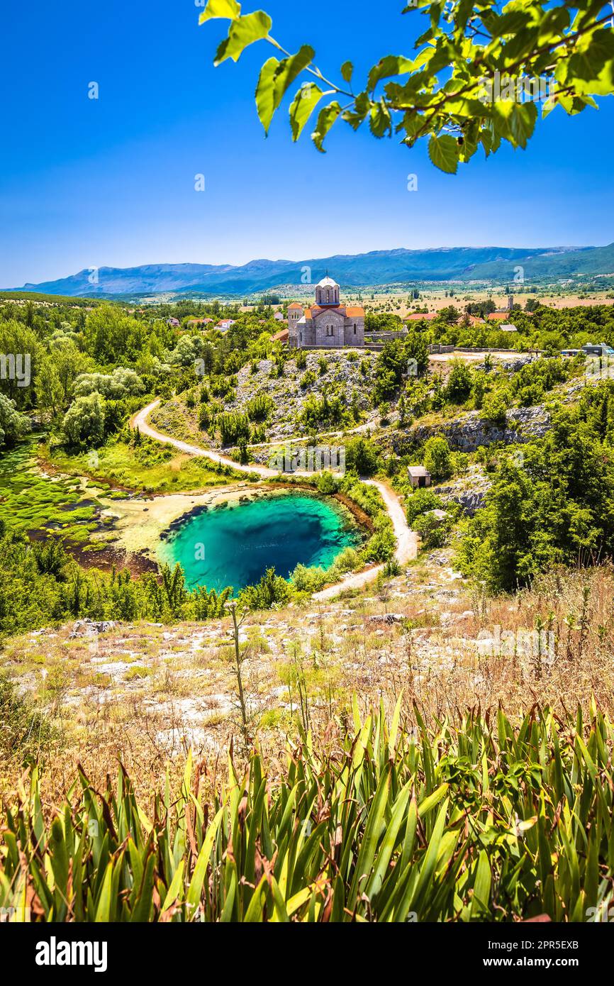 Cetina river source water hole and Orthodox church view, Dalmatian