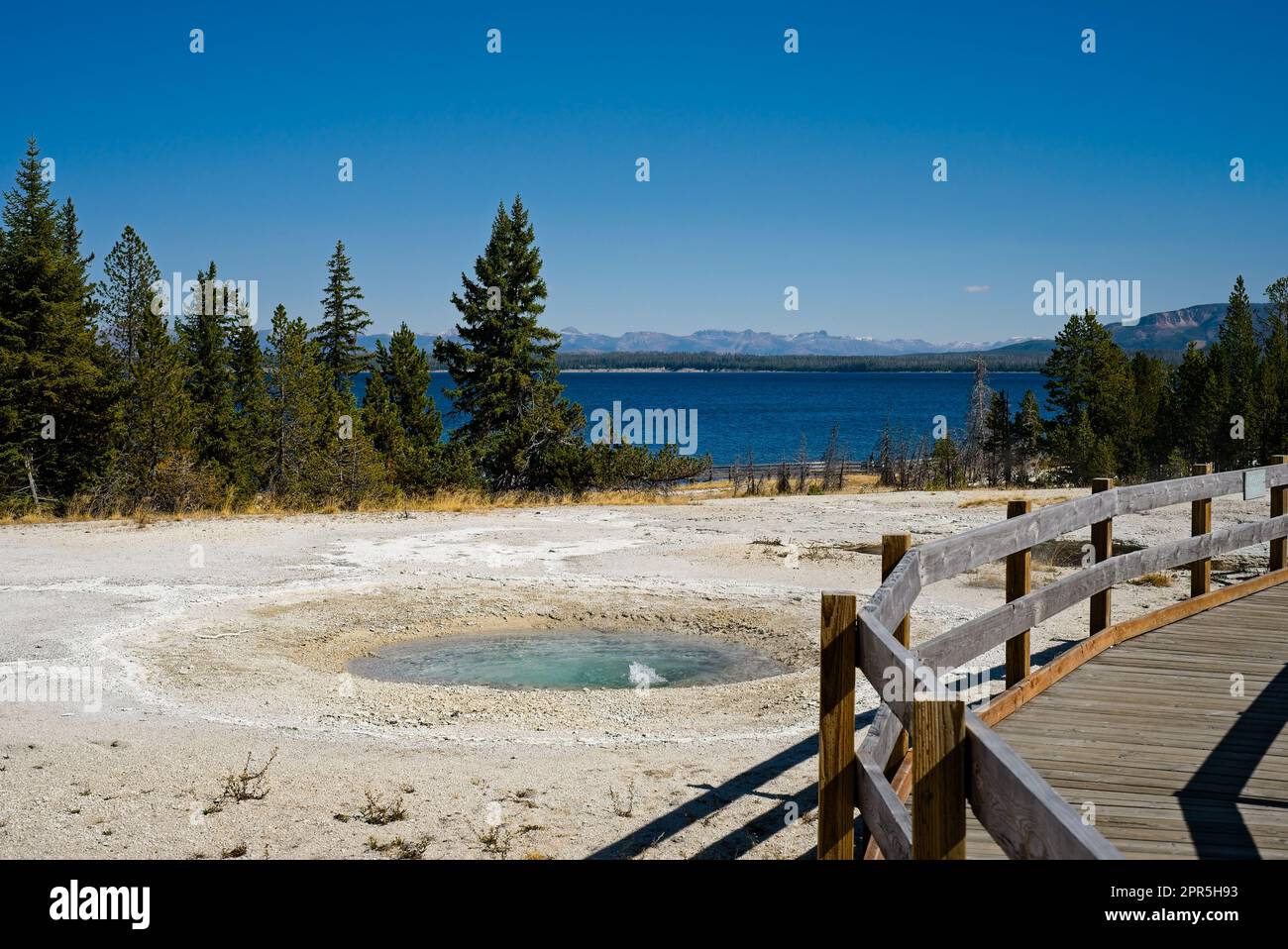 A small bubbling hot spring in West Thumb Geyser Basin at Yellowstone National Park, with Yellowstone Lake in the background Stock Photo