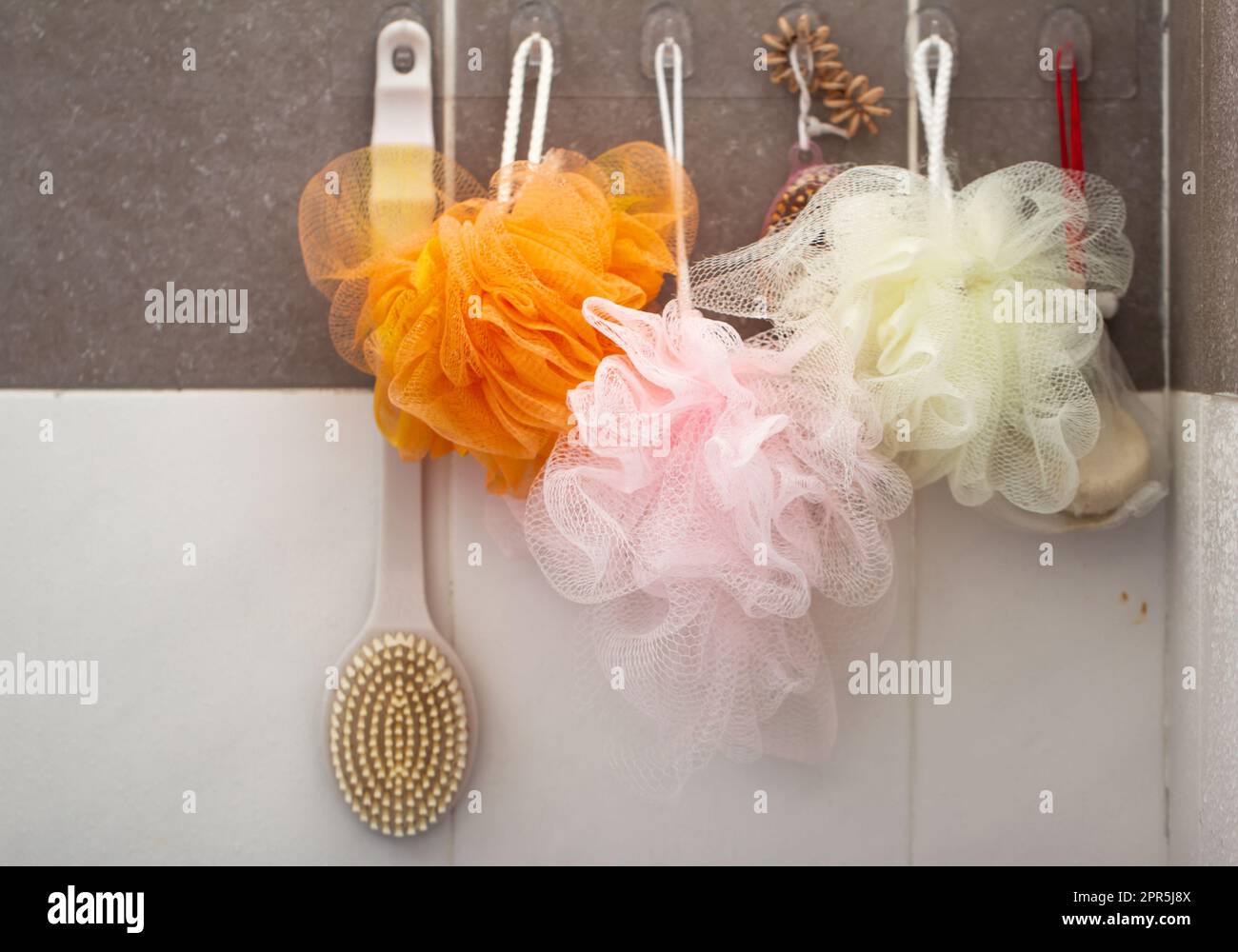 Bath sponges used for body wash and to exfoliate body skin during bathing Stock Photo
