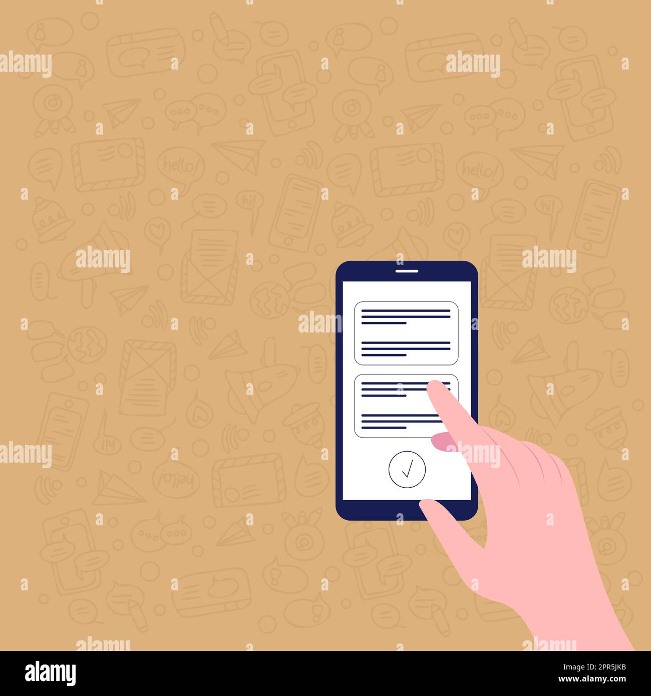 Illustration Of Hand Using Smart Phone Texting New Important Message Ready To Send. Digital