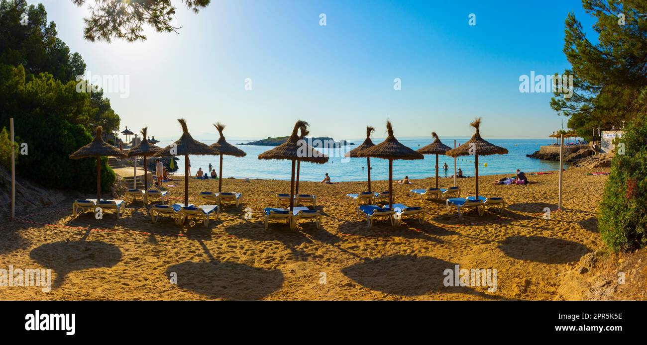 Ses Illetes, Majorca, Balearic Islands, Spain. July 22, 2022 - Panoramic of the Cala Comtesa cove, with hammocks and parasols Stock Photo