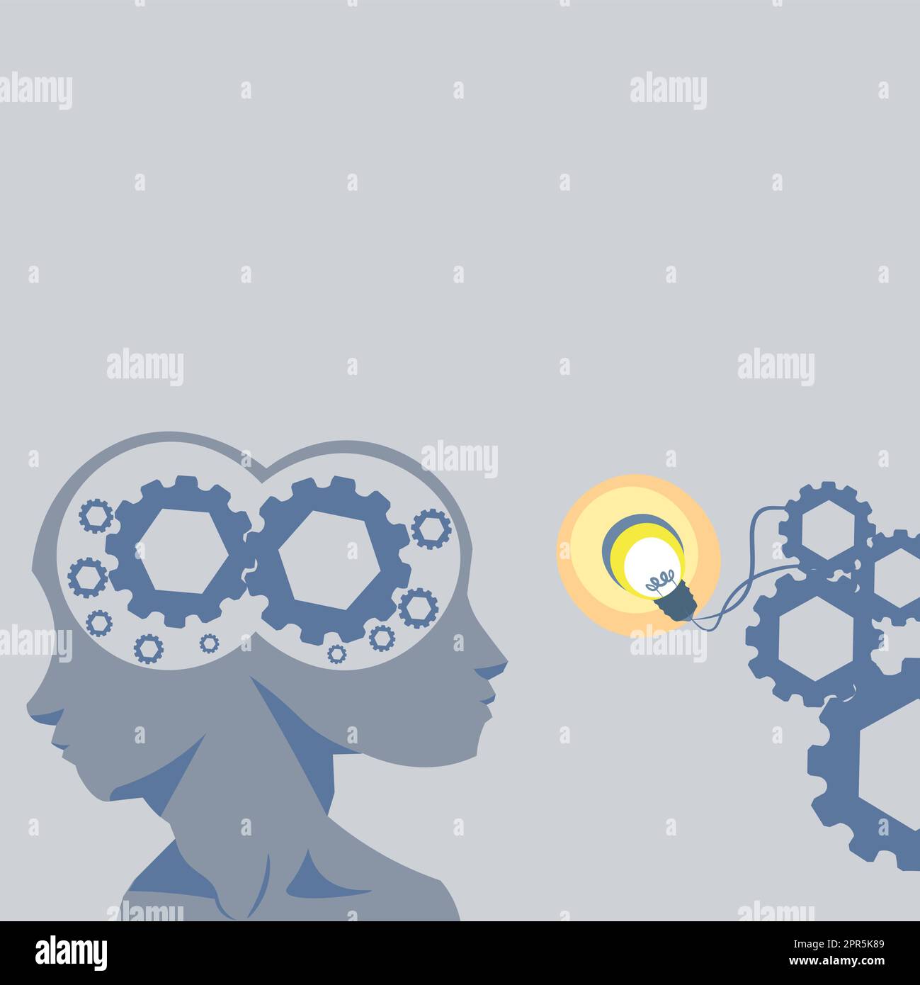 Two Heads With Cogs Showing Technology Ideas. Gears In Brain Symbols Design Displaying Mechanical And Technical Idea. Stock Vector