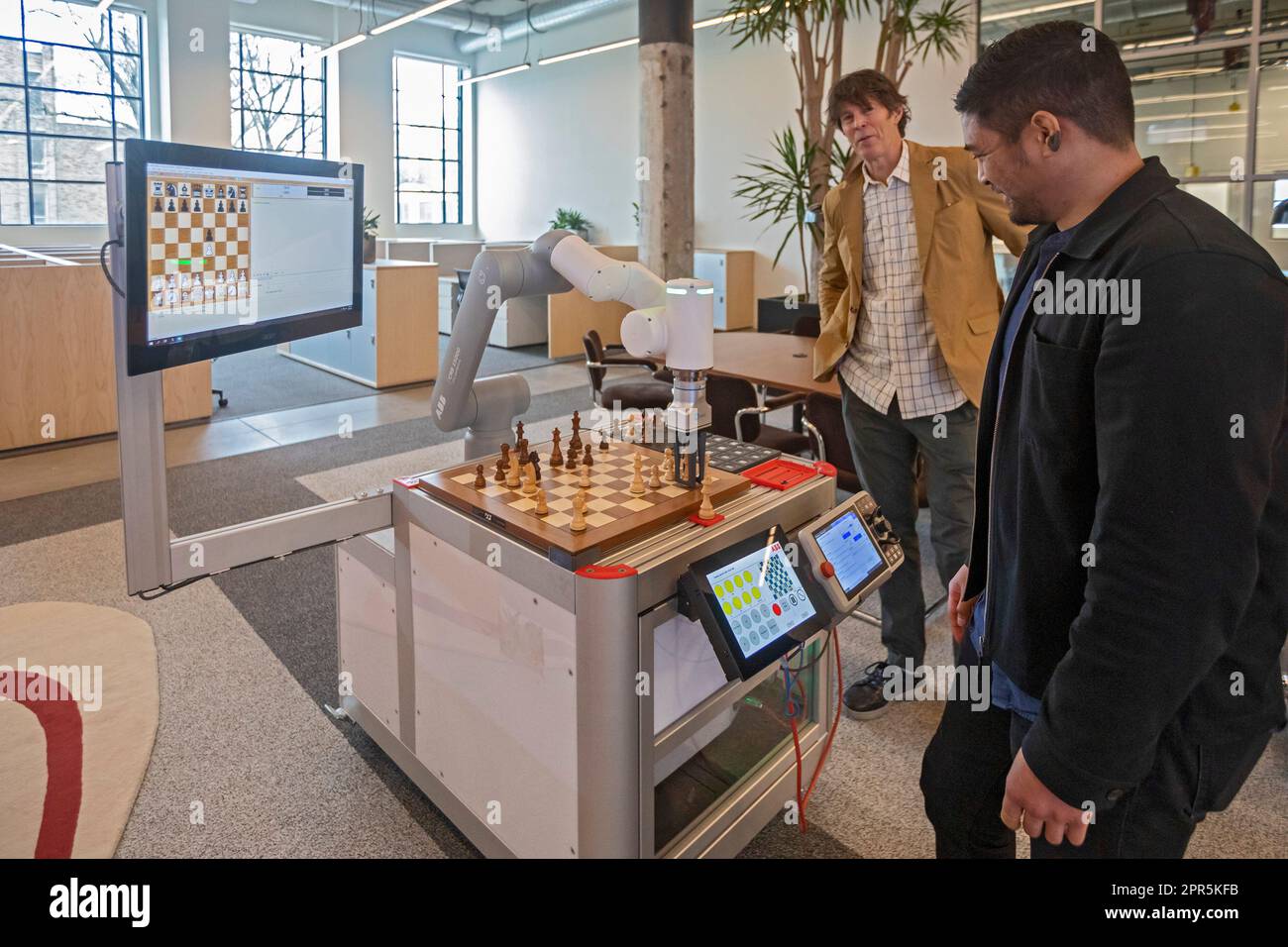 Detroit, Michigan, USA. 25th Apr, 2023. ABB Robotics showed a chess-playing robot as Ford Motor Co opened Newlab, a center for startup companies and entrepreneurs. Newlab has meeting and laboratory space. It is adjacent to the long-abandoned Michigan Central railroad station, which Ford is renovating. Credit: Jim West/Alamy Live News Stock Photo