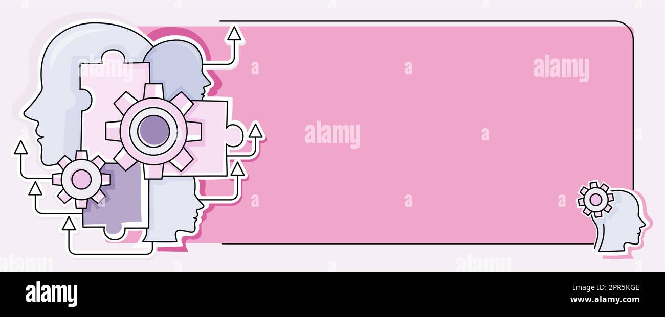 Multiple Heads With Cogs Showing Technology Ideas. Gears In Brain Symbols Design Displaying Mechanical And Technical Idea. Stock Vector
