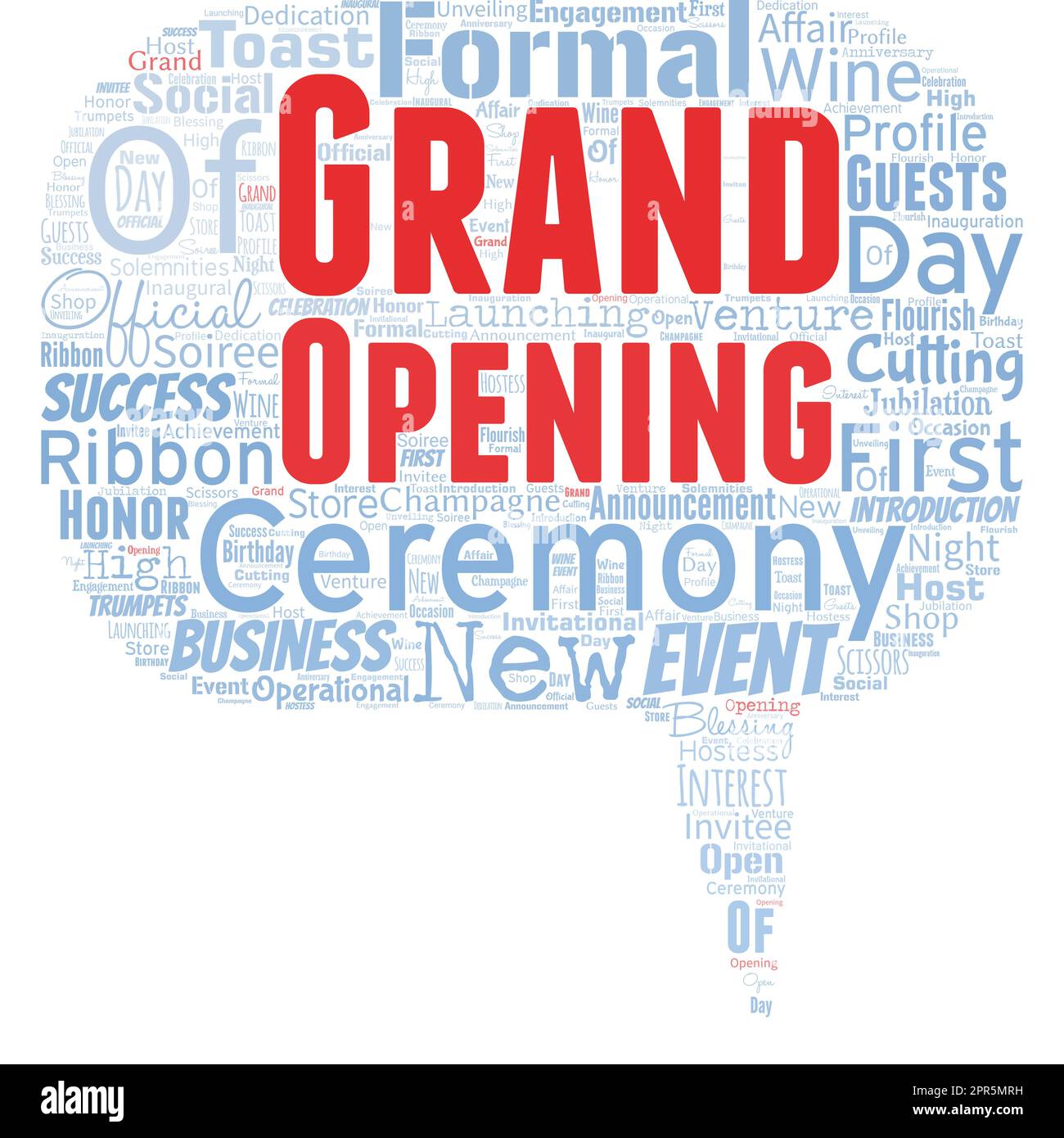 Big word cloud in the shape of speech bubble with words grand opening