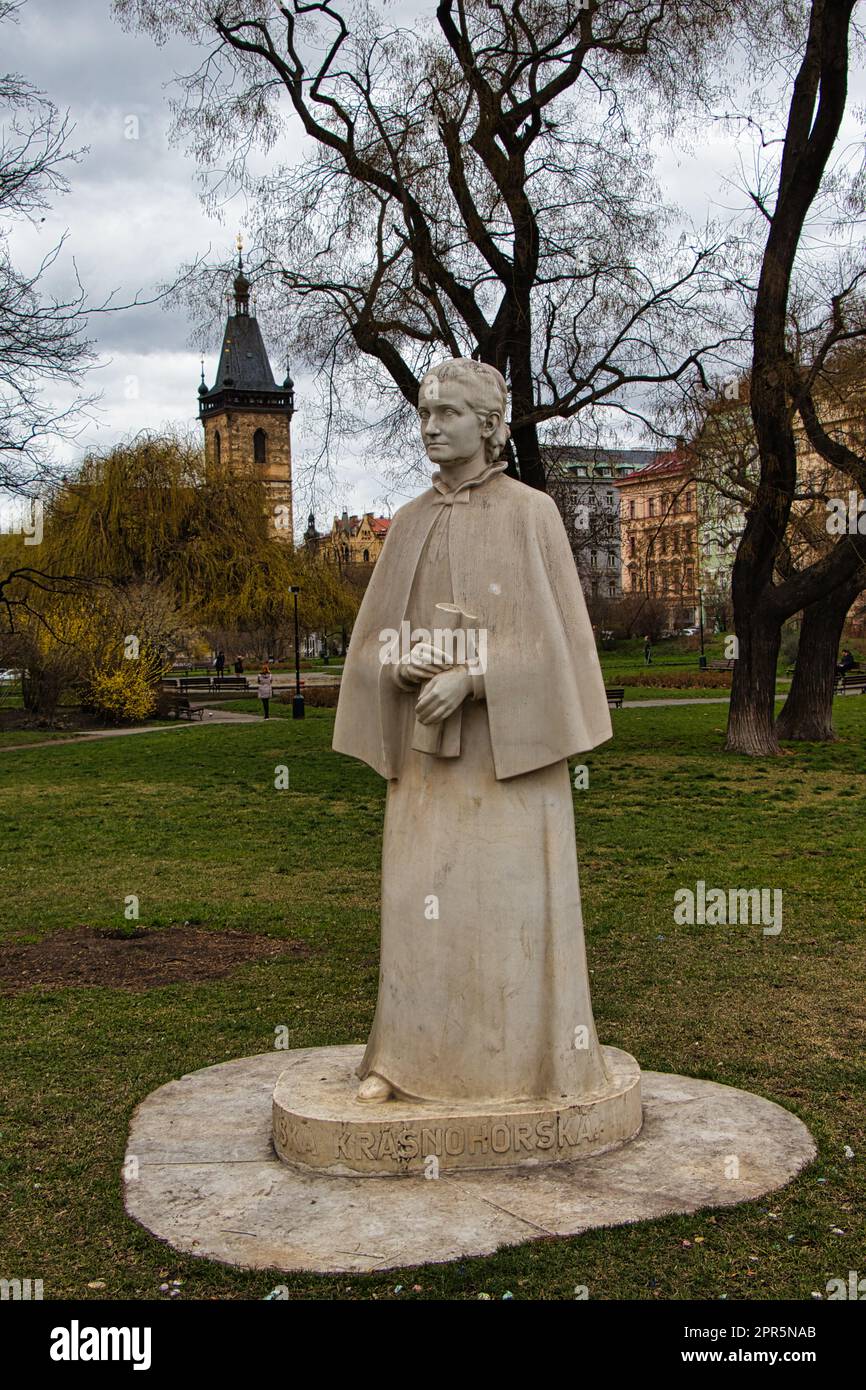 Marble statue of Eliska Krasnohorska, Charles square. Creator Karla Vobisova-Zakova. Czech Republic. Stock Photo