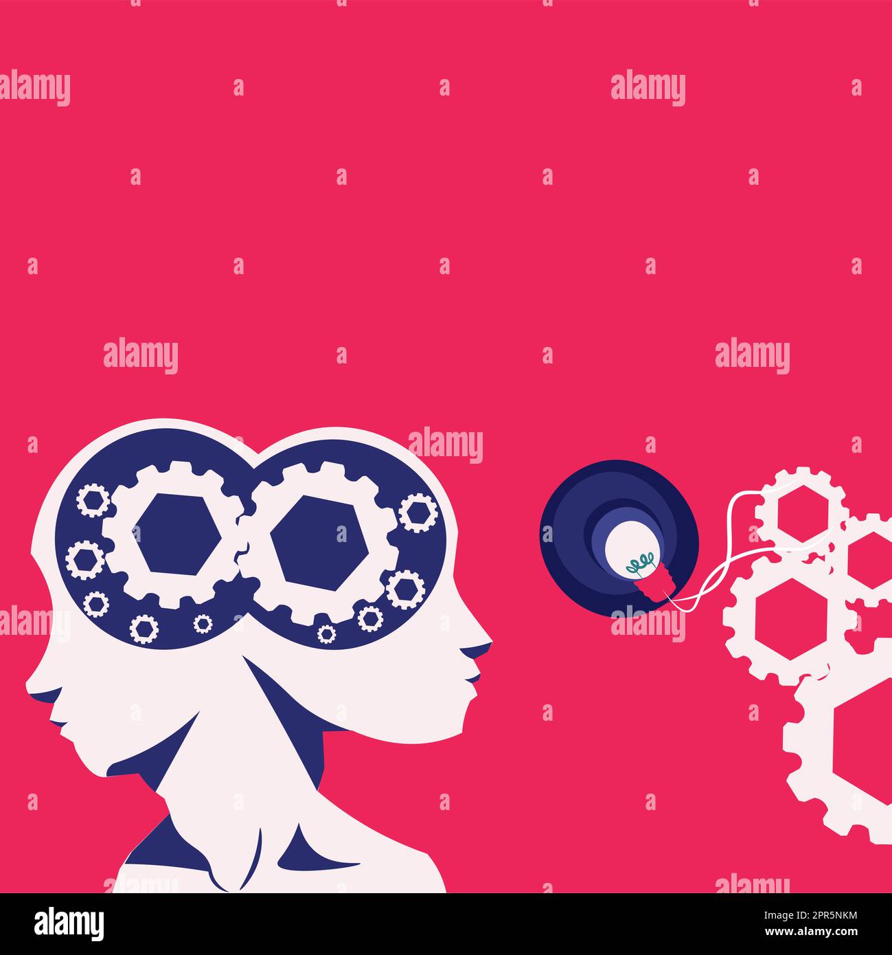 Two Heads With Cogs Showing Technology Ideas. Gears In Brain Symbols Design Displaying Mechanical And Technical Idea. Stock Vector