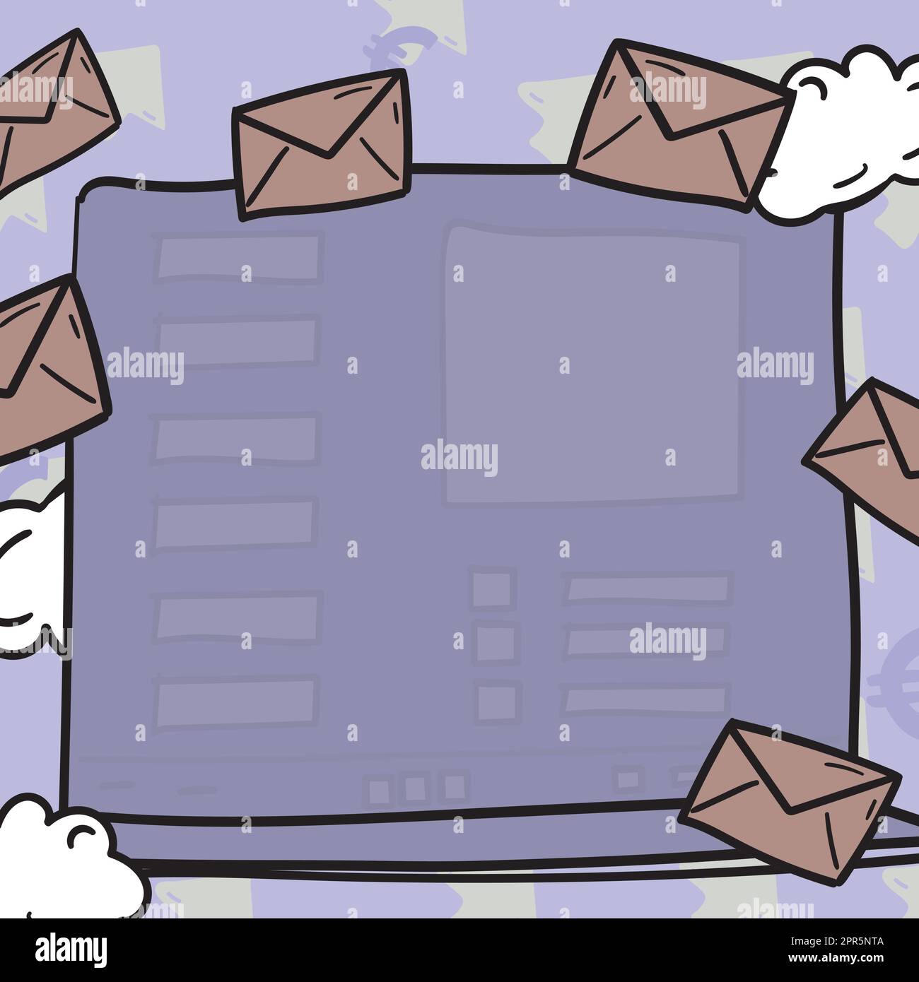 Composing Letter Idea, Listing Text Documents, Presenting Writing Tools, Selling Materials. Checklist Table Surrounded With Envelops And Clouds Stock Vector