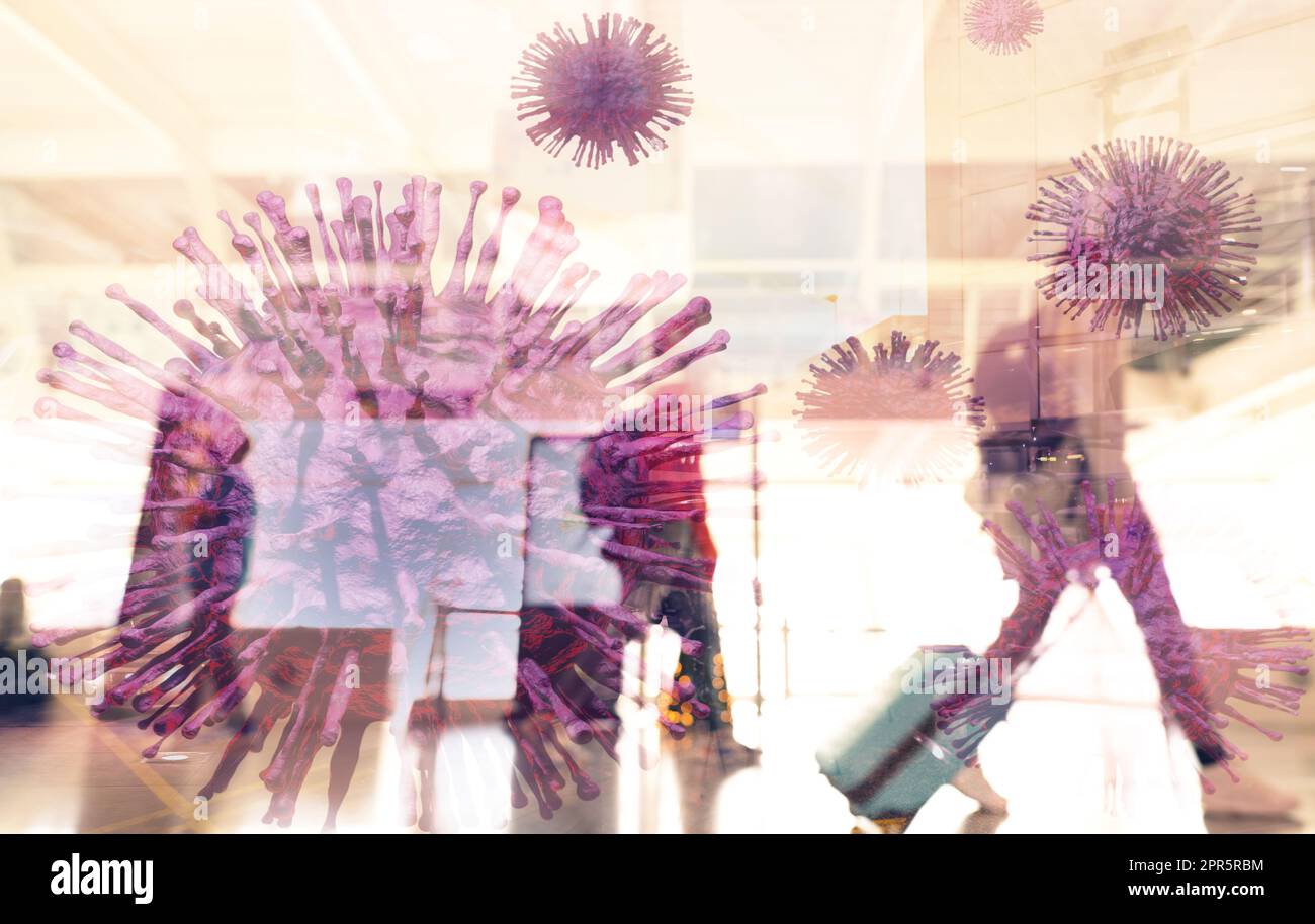 Virus shape 3D render on blur people walking in the airport. Travel during virus outbreak.Tourist with baggage walking in international airport. Airline passenger with luggage. Vacation travel abroad. Stock Photo
