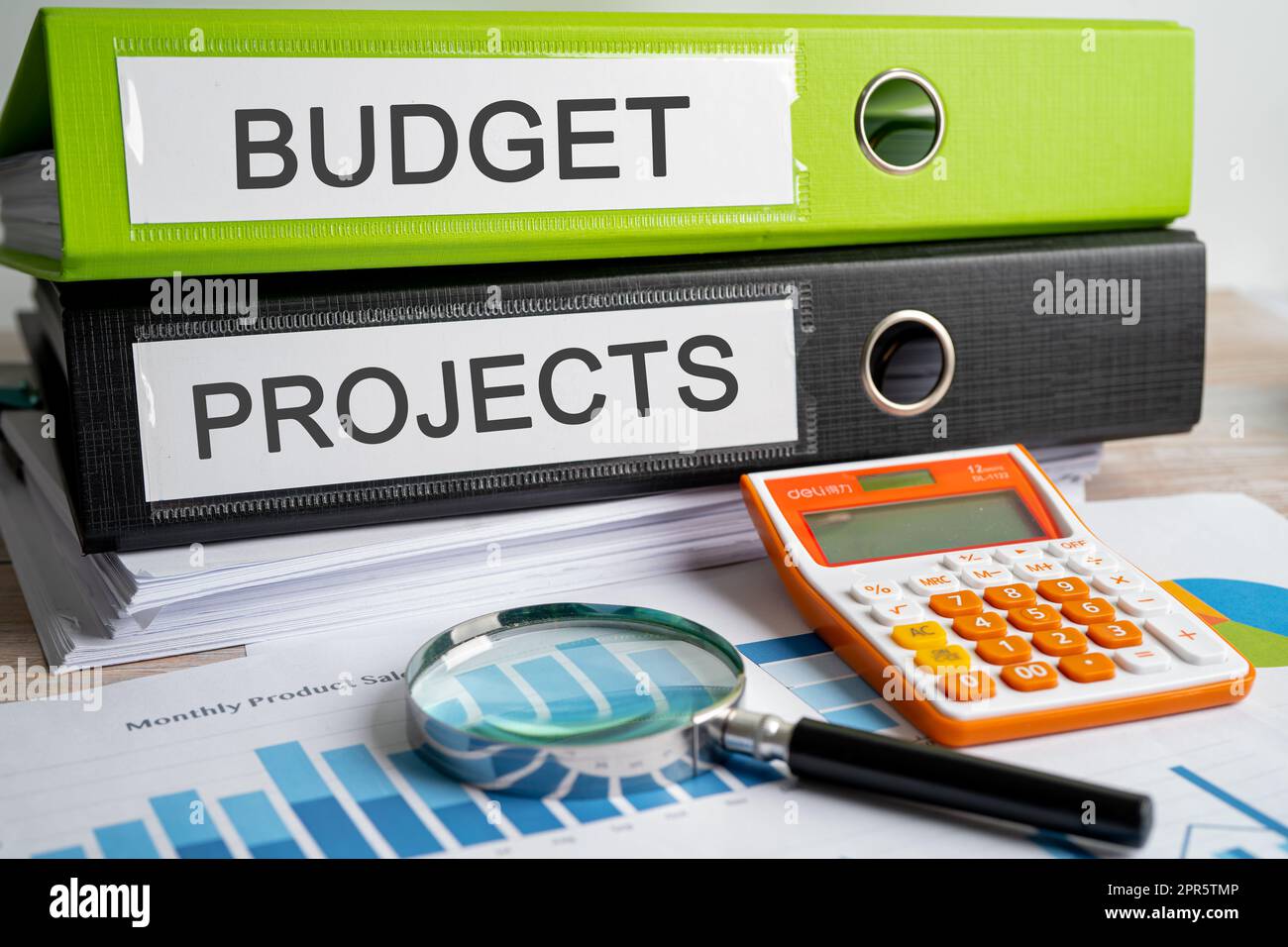 Budget and Projects. Binder data finance report business with graph analysis in office. Stock Photo