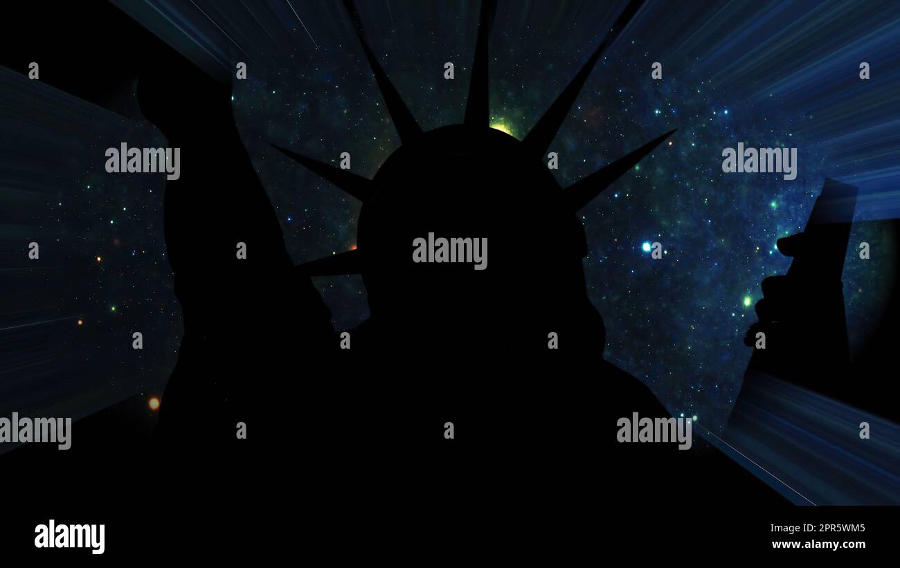 Statue of liberty against Stars in the night with light rays Stock