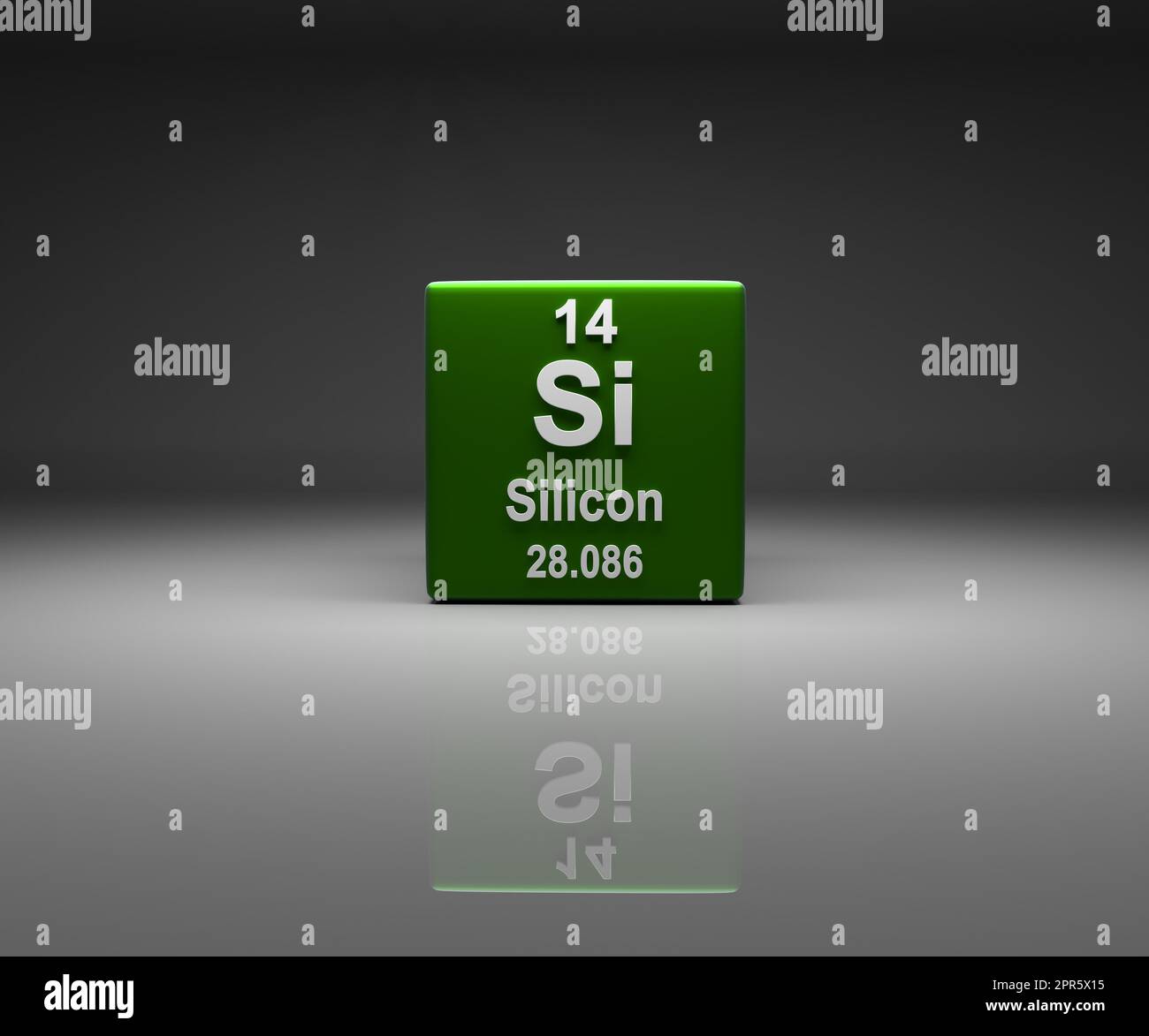 Cube with Silicon number 14 periodic table Stock Photo