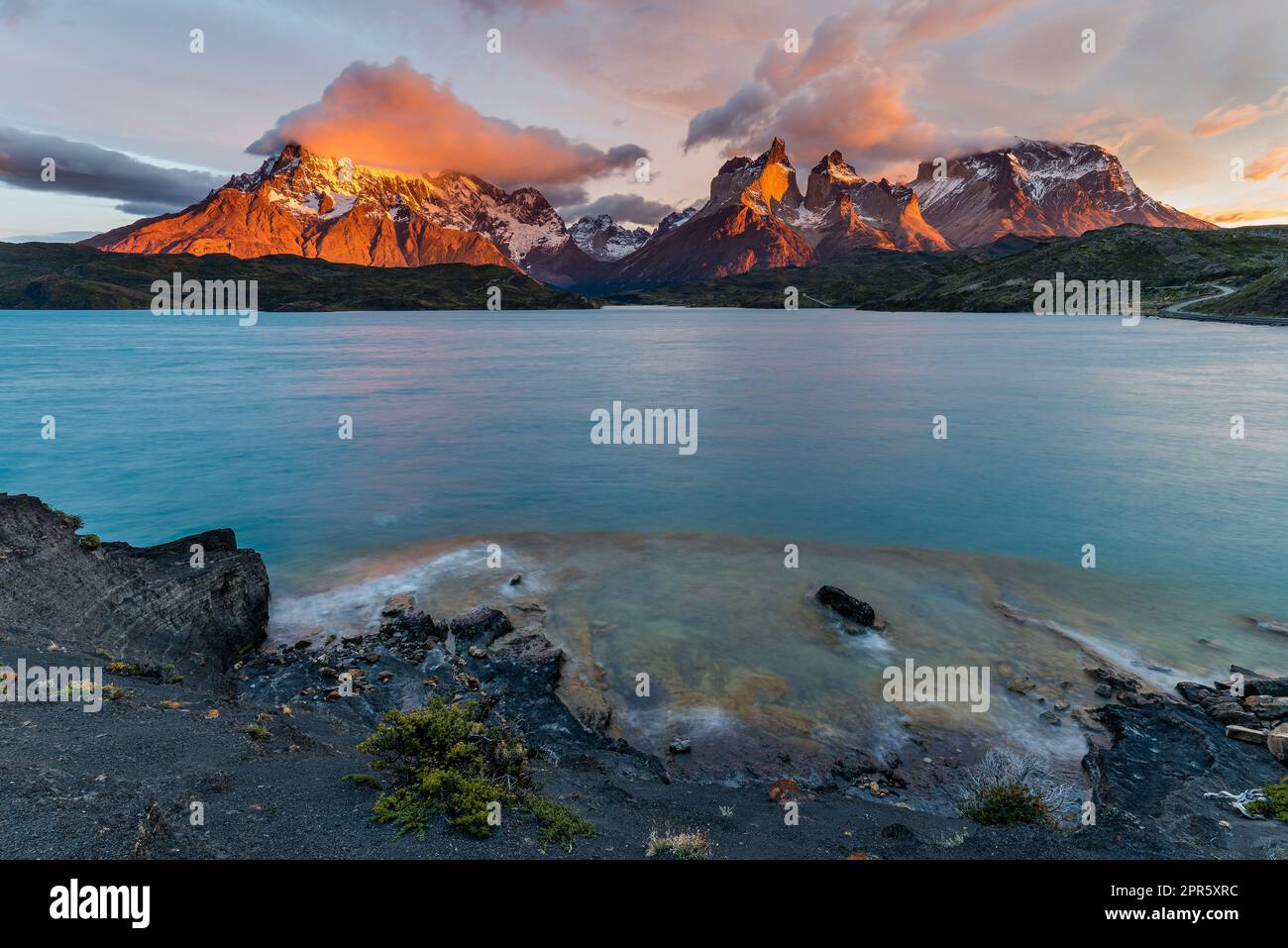 Sunrise Cuernos del Paine from lake Pehoe, Torres del Paine National