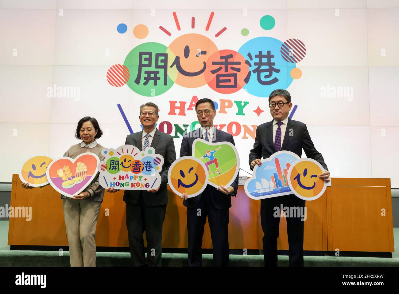 L to R) Secretary for Home and Youth Affairs, Alice Mak Mei-kuen; Financial Secretary, Paul Chan Mo-po; Secretary for Culture, Sports and Tourism, Kevin Yeung Yun-hung; and Executive Director of the Hong Kong Tourism Board, Dane Cheng, hold a press conference on the 'Happy Hong Kong' Campaign at the Central Government Offices (CGO), Tamar.     24APR23.   SCMP / May Tse Stock Photo