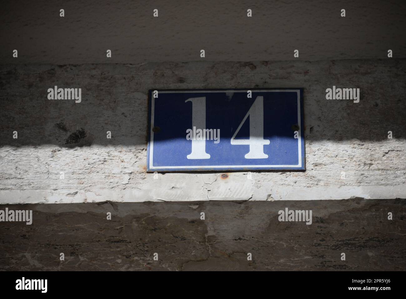 number 14 on a house in Lisbon - Lisboa - the capital of Portugal, September, 2018 Stock Photo
