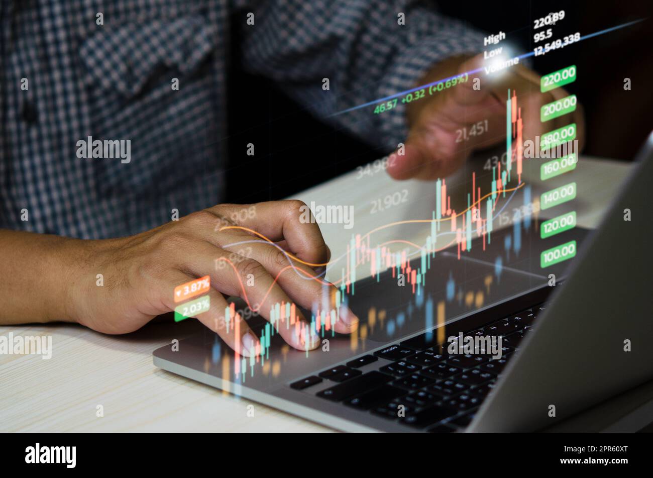 Stock market chart business using a computer to analyze online trading data.Forex graph  financial and investment on a virtual screen concept. Stock Photo