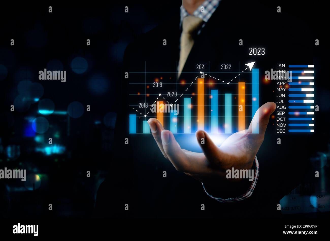 Big data graph virtual screen 2023 in economic analysis and investment finance and marketing planning business concept. Stock Photo
