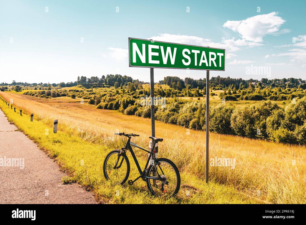 Sport bike leaning against transportation sign with NEW START wording
