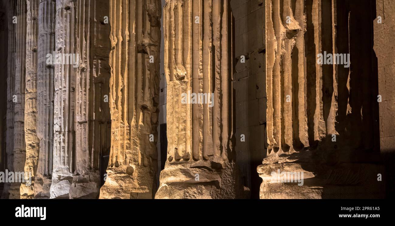 Detail of illuminated column architecture of Pantheon by night, Rome ...