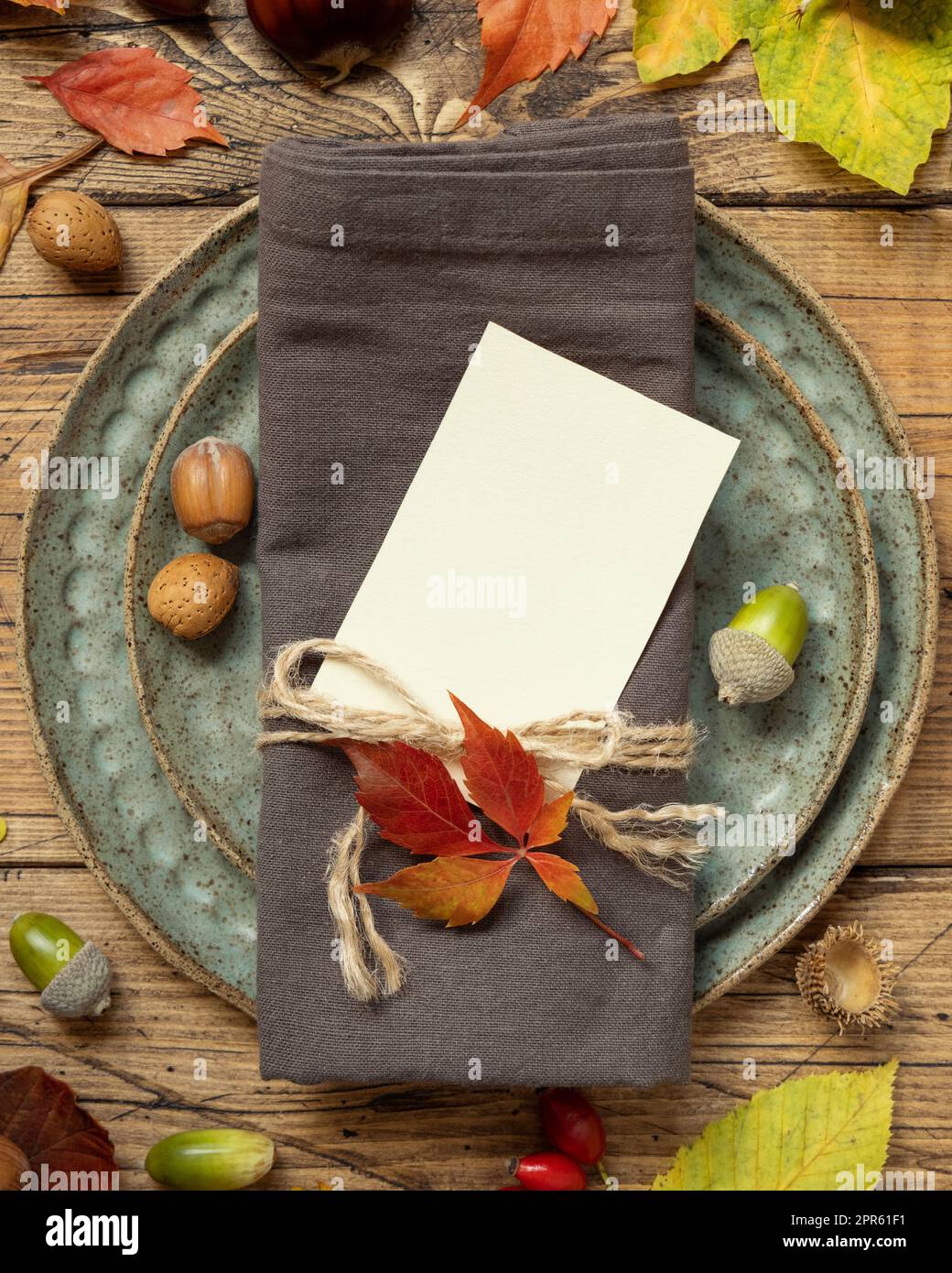 Autumn rustic table setting with blank place card between colorful leaves and berries top view, mockup Stock Photo