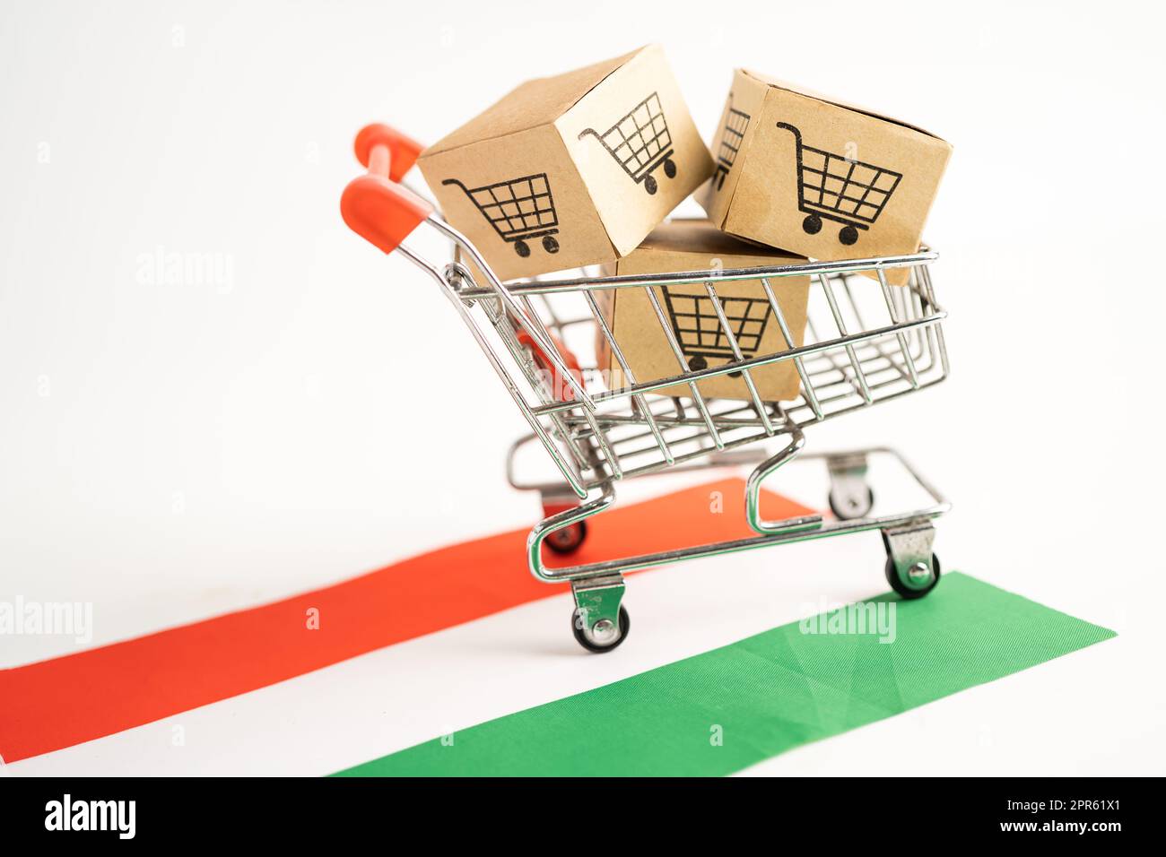 Box with shopping cart logo and Hungary flag, Import Export Shopping