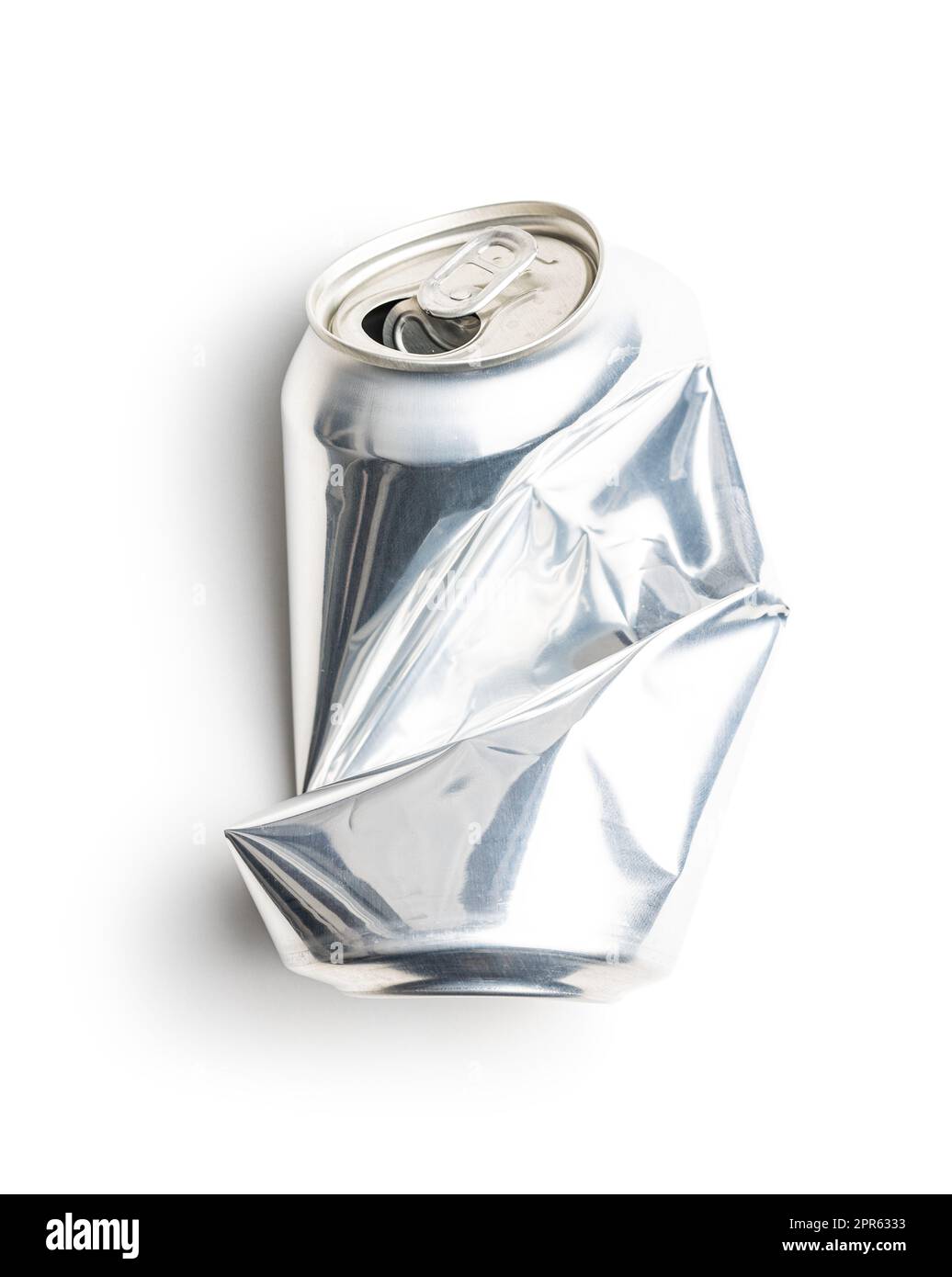 Empty crumpled can isolated on white background. Stock Photo