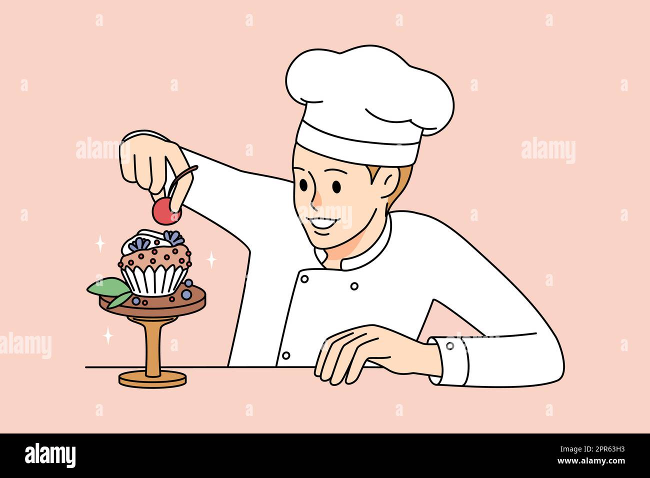 Male pastry chef decorate cake in confectionary shop. Man confectioner
