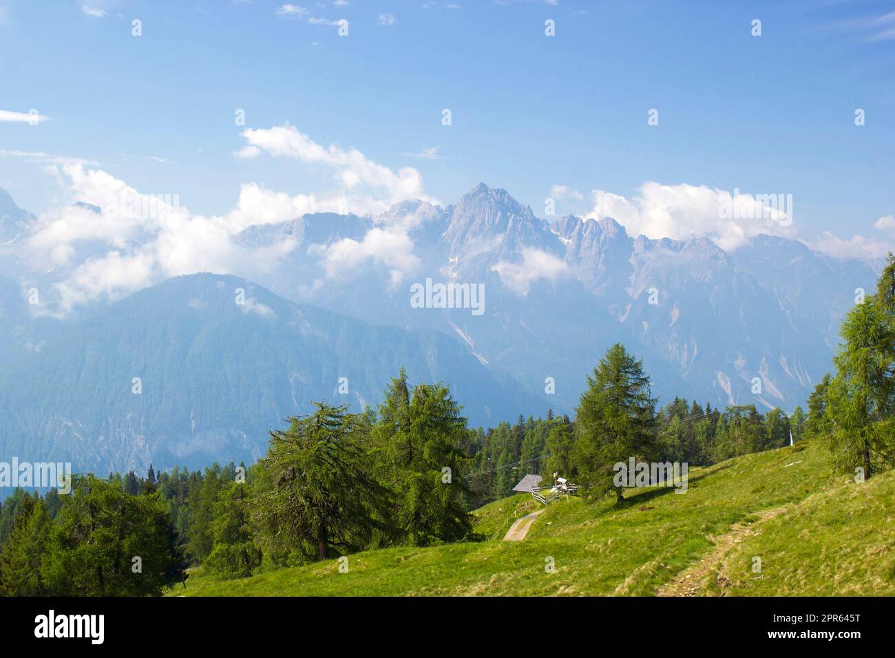 Landscape of Lienz Dolomites in Austria. Panorama of massive Alpine mountains. Stock Photo