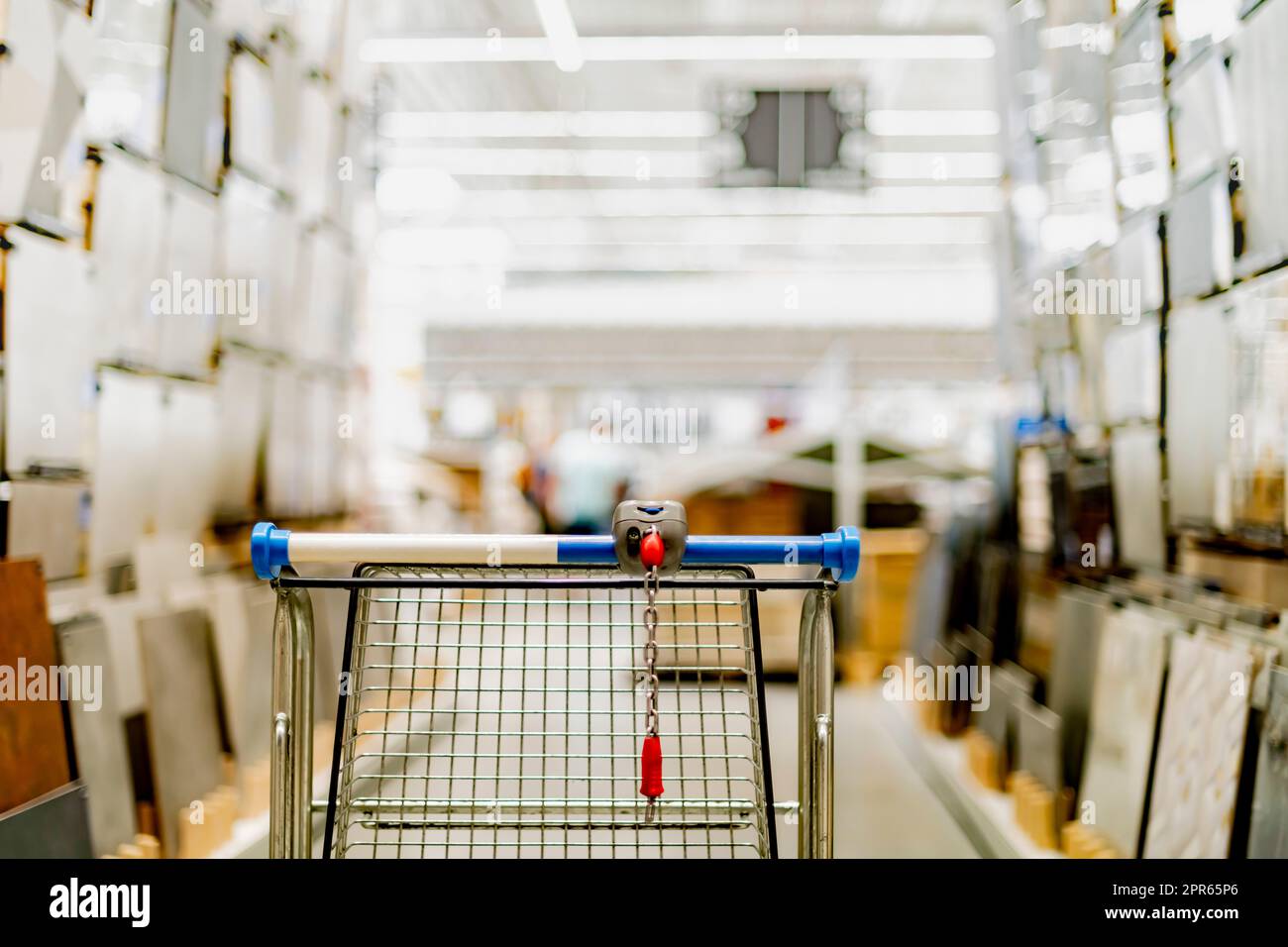 A shopping cart in a home improvement store Stock Photo