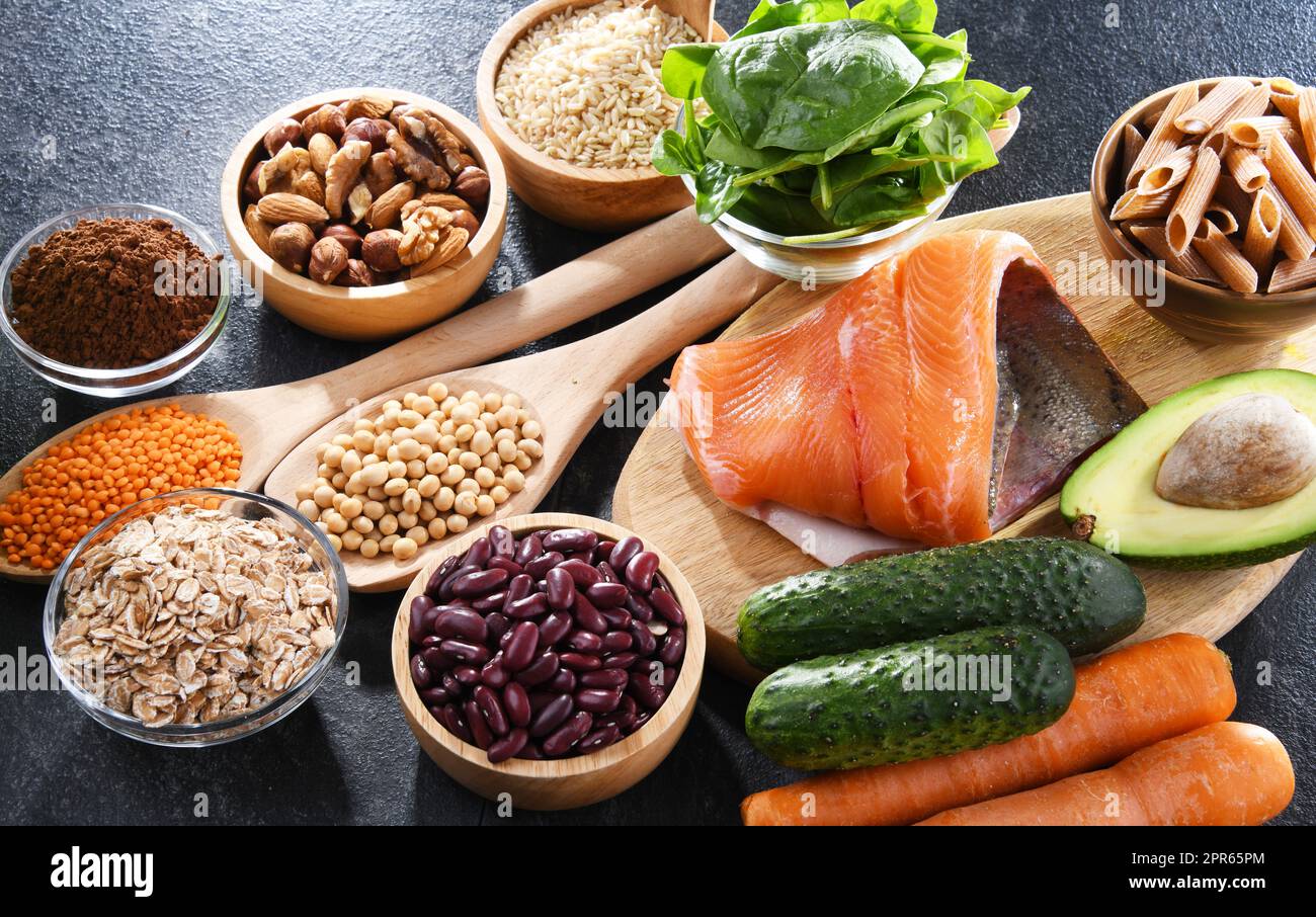 Foods recommended for stabilizing insulin and blood sugar levels Stock Photo