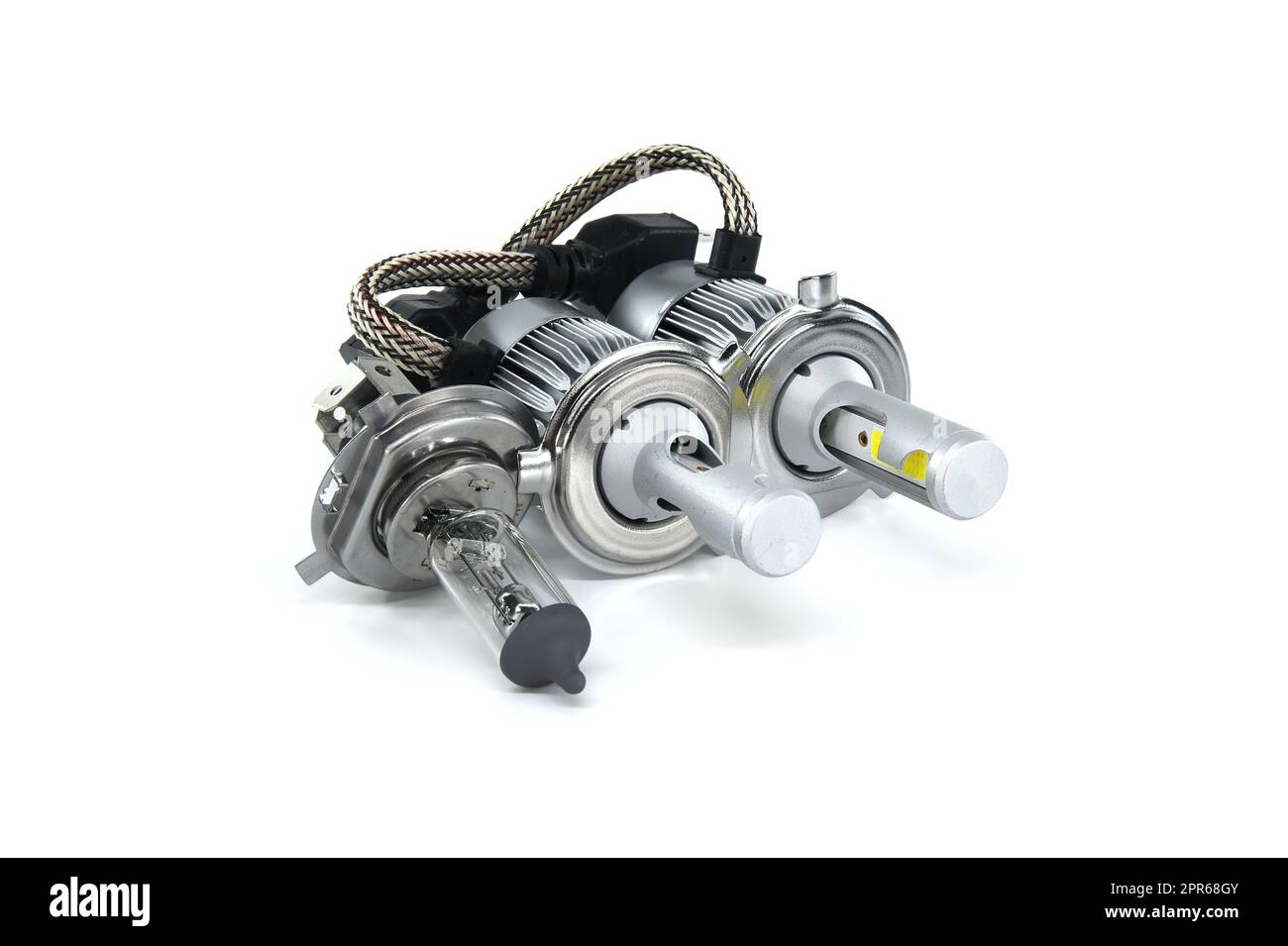H4 halogen lamp and LED headlight bulbs on white Stock Photo