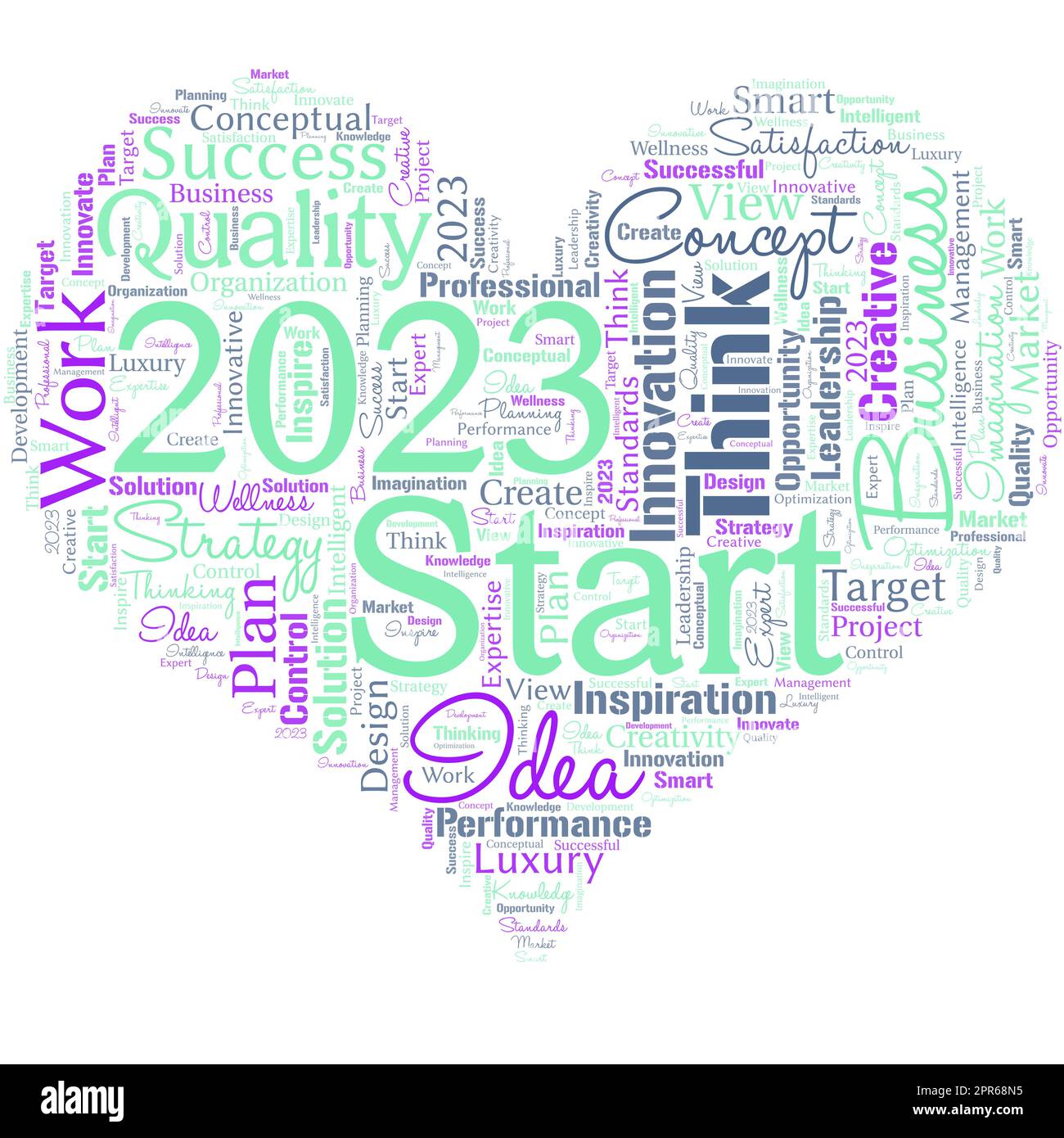 Big word cloud in the shape of heart with words 2023 Start. Remembering past year events main actions or good shows. Setting up your goals and plans for the current year or in 2023 Stock Vector