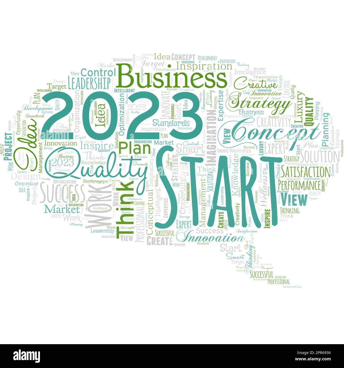 Big word cloud in the shape of dialog box with words 2023 Start. Remembering past year events main actions or good shows. Setting up your goals and plans for the current year or in 2023 Stock Vector