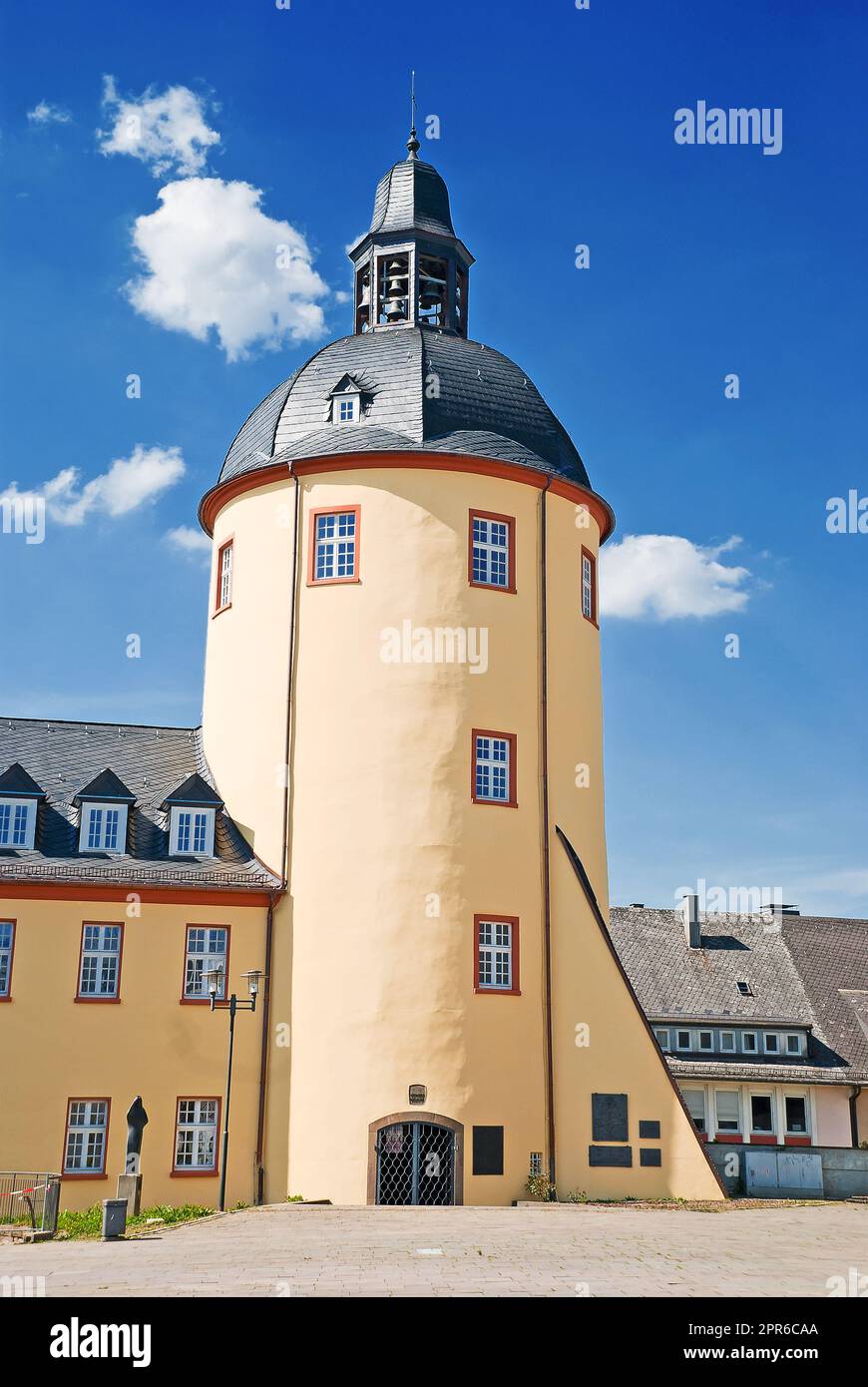 The Fat Tower of the Unteres Schloss castle at Siegen in the state of North Rhine-Westphalia in Germany Stock Photo