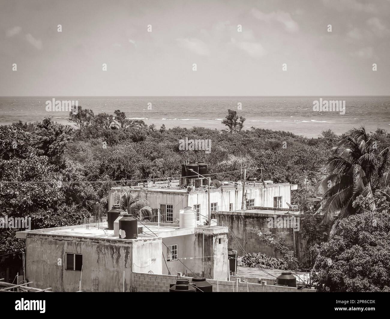 Cityscape caribbean ocean and beach panorama view Playa del Carmen. Stock Photo