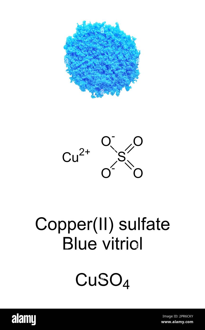 Blue vitriol, copper(II) sulfate, or cupric sulphate, chemical formula Stock Photo